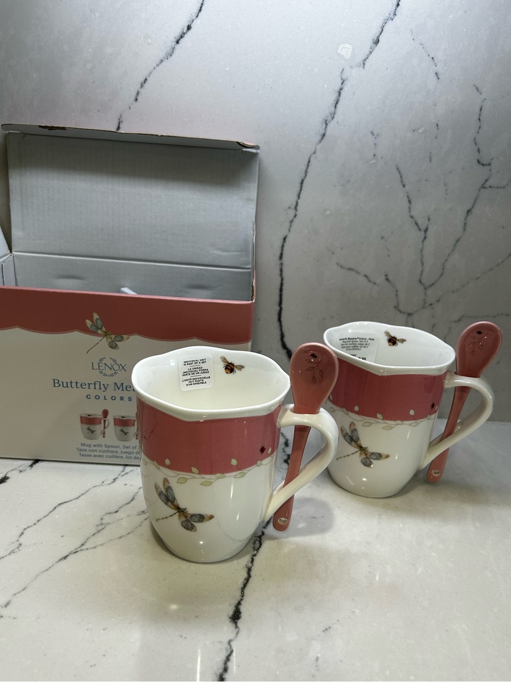 Lenox White and Pink Butterfly Meadow Mug Set with Matching Spoons